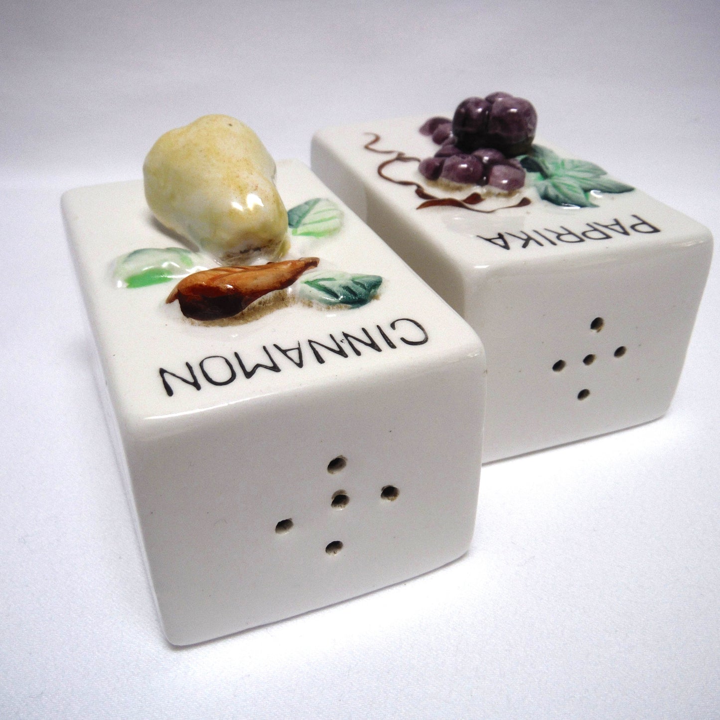 Vintage Pair of Made in Japan White Rectangular Spice Jars with 3-D Design: Cinnamon & Paprika