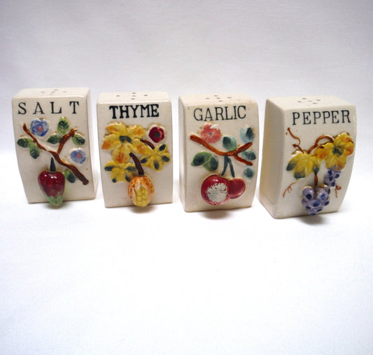 Vintage Made in Japan Taupe Coloured Pot-Bellied Spice Jars with 3-D Design: SALT-PEPPER-GARLIC & THYME!