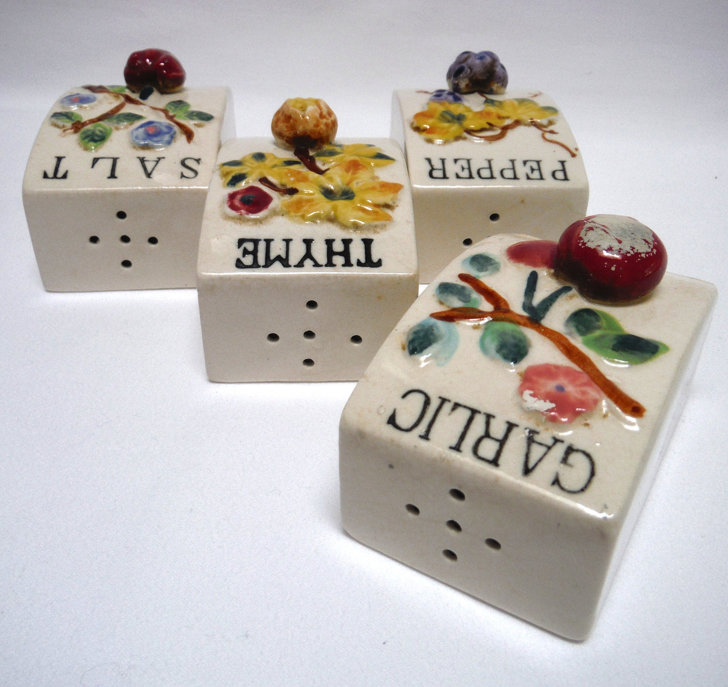 Vintage Made in Japan Taupe Coloured Pot-Bellied Spice Jars with 3-D Design: SALT-PEPPER-GARLIC & THYME!