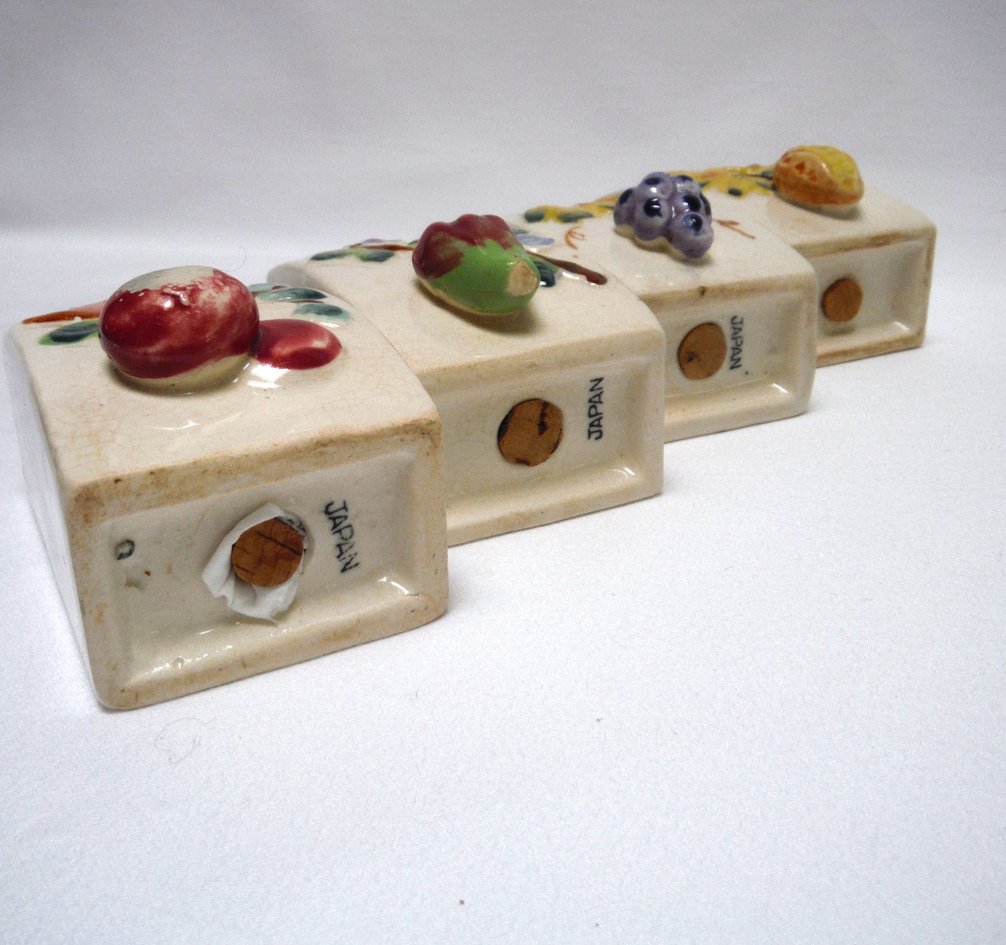 Vintage Made in Japan Taupe Coloured Pot-Bellied Spice Jars with 3-D Design: SALT-PEPPER-GARLIC & THYME!