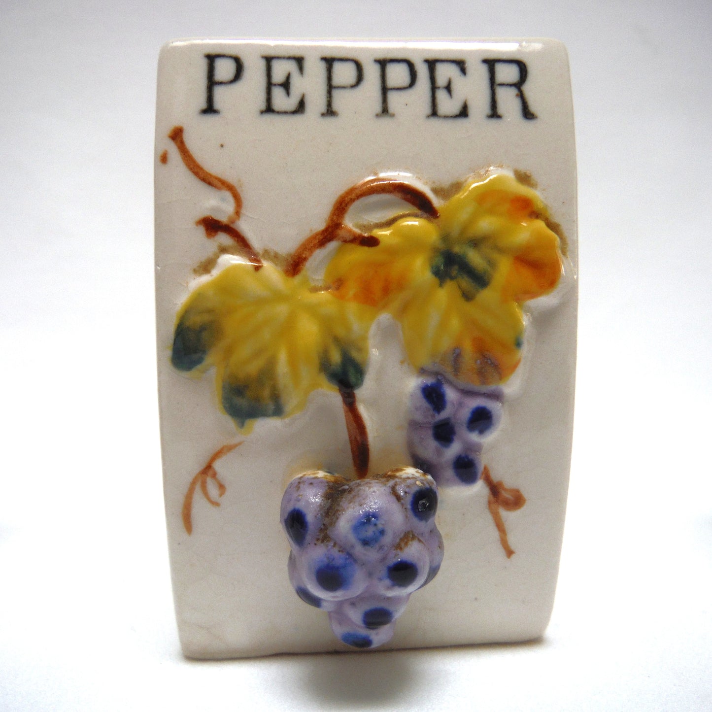 Vintage Made in Japan Taupe Coloured Pot-Bellied Spice Jars with 3-D Design: SALT-PEPPER-GARLIC & THYME!
