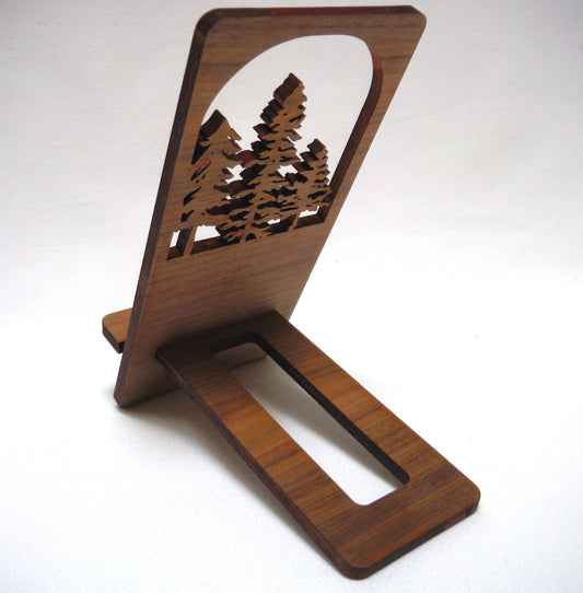 CONTEMPORARY WOODEN CELL PHONE HOLDER: Hand Made on Vancouver Island, Featuring Lasered Tree Design
