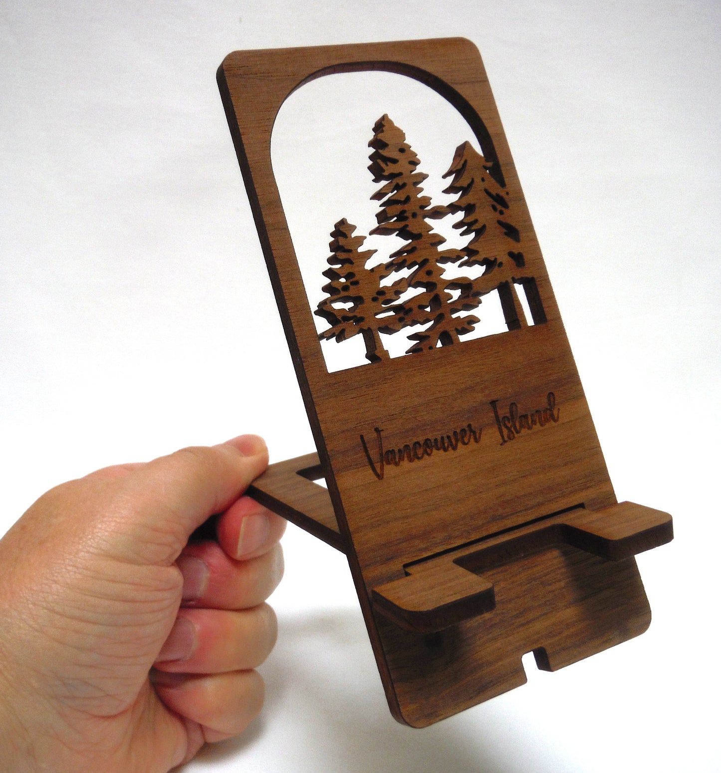 CONTEMPORARY WOODEN CELL PHONE HOLDER: Hand Made on Vancouver Island, Featuring Lasered Tree Design