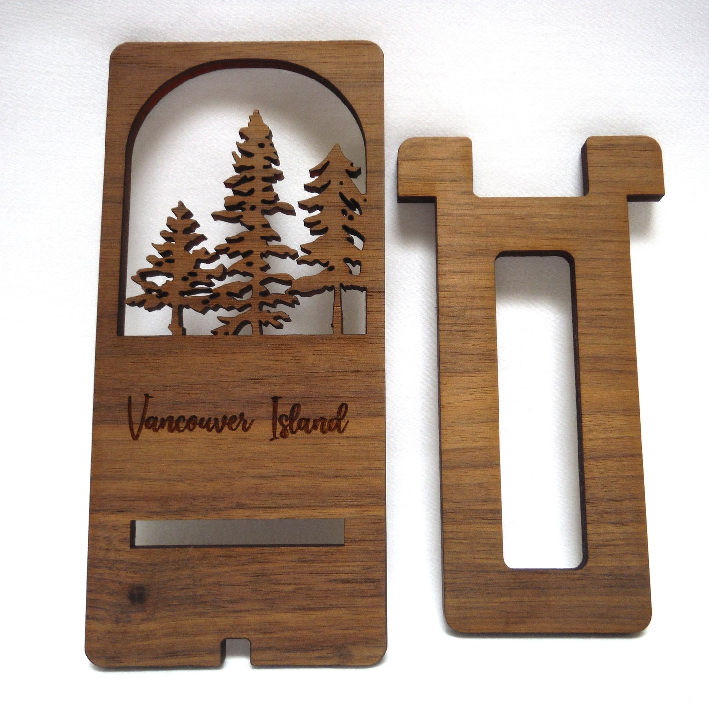 CONTEMPORARY WOODEN CELL PHONE HOLDER: Hand Made on Vancouver Island, Featuring Lasered Tree Design