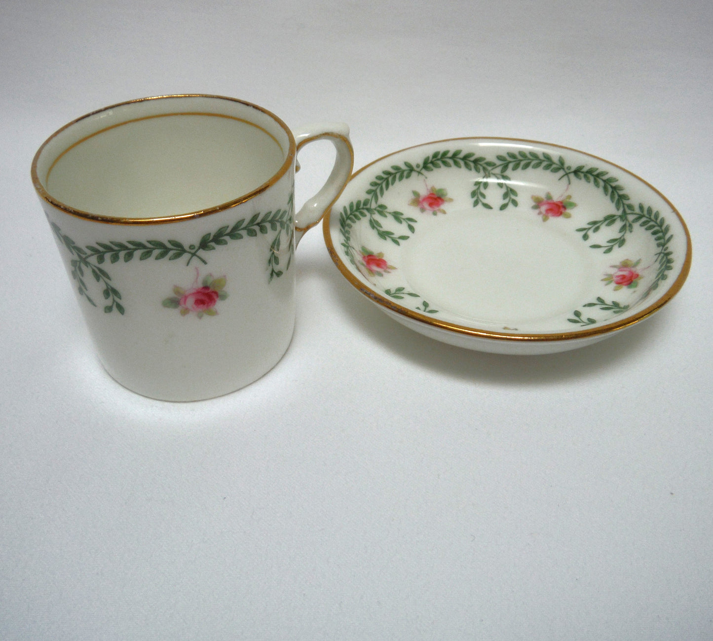 RARE 1910-1925 ANTIQUE DEMITASSE CUP AND SAUCER, in the ROSE AND GARLAND PATTERN From AYNSLEY of London, England