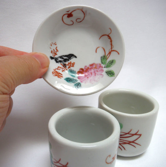TWO TRADITIONAL CHINESE GREEN-TEA CUPS and ONE SAUCER: In Pink Lotus Flowers with Blackbird and Foliage, distributed by Ming Wo in Vancouver, BC, Canada