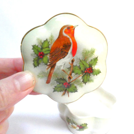 Vintage Royal Worcester Palissy Ceramic Trinket Box with Lid, Featuring a Christmas Robin and Holly Design
