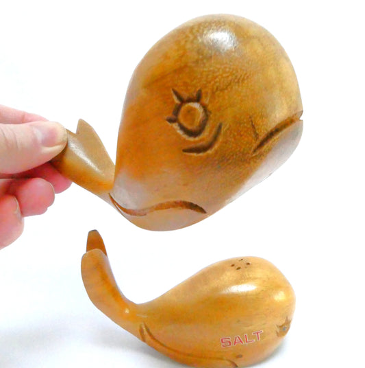 Vintage Hand Carved Exotic Wood Salt & Pepper Shakers: THE TWO MIGHTY WHALES