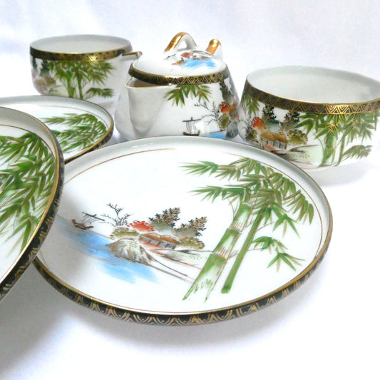 Vintage Hand-Painted Japanese Kutani ware 6-Piece Teapot, Teacups and Saucers in the Landscape and Bamboo Motif