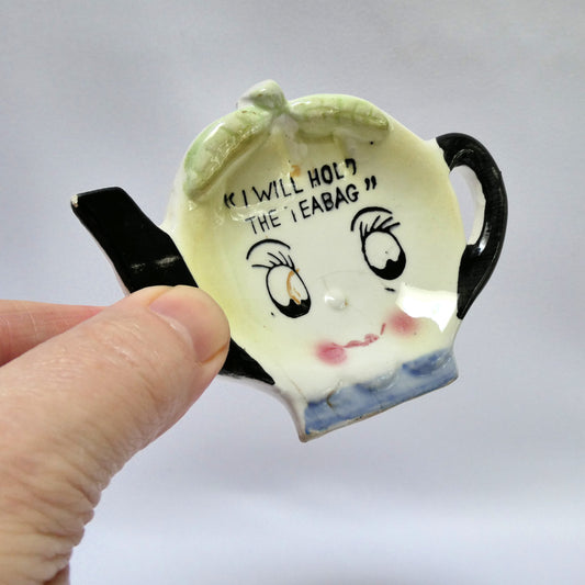 1950's Kitchen Countertop Pottery Tea Bag Holder from Japan: "I WILL HOLD THE TEABAG"