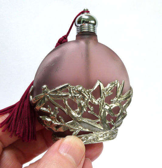 Vintage Purple Frosted Glass Art Studio Perfume Bottle with Maroon Tassel
