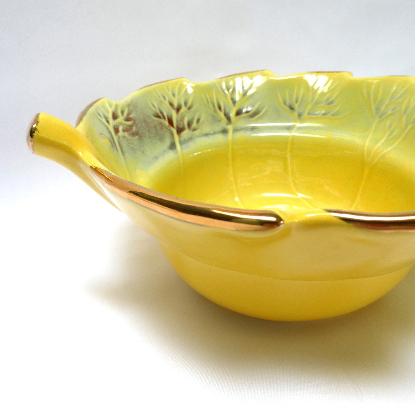Vintage Yellow and Gold Pottery Leaf-Shaped Serving Bowl numbered 814, by The California USA Pottery Company