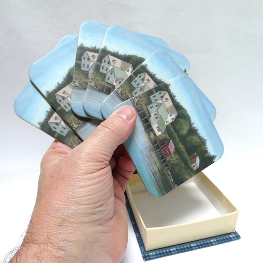 Vintage East Coast Atlantic Canada SET OF SIX COASTERS, and Original Box, Featuring a Serene Fishing Village