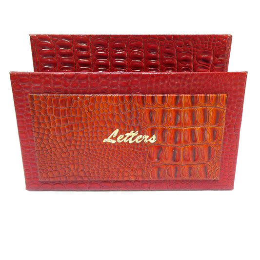 Vintage 1970's Desk Top Letter Holder, Styled in Maroon Textured Crocodile or Alligater Skin