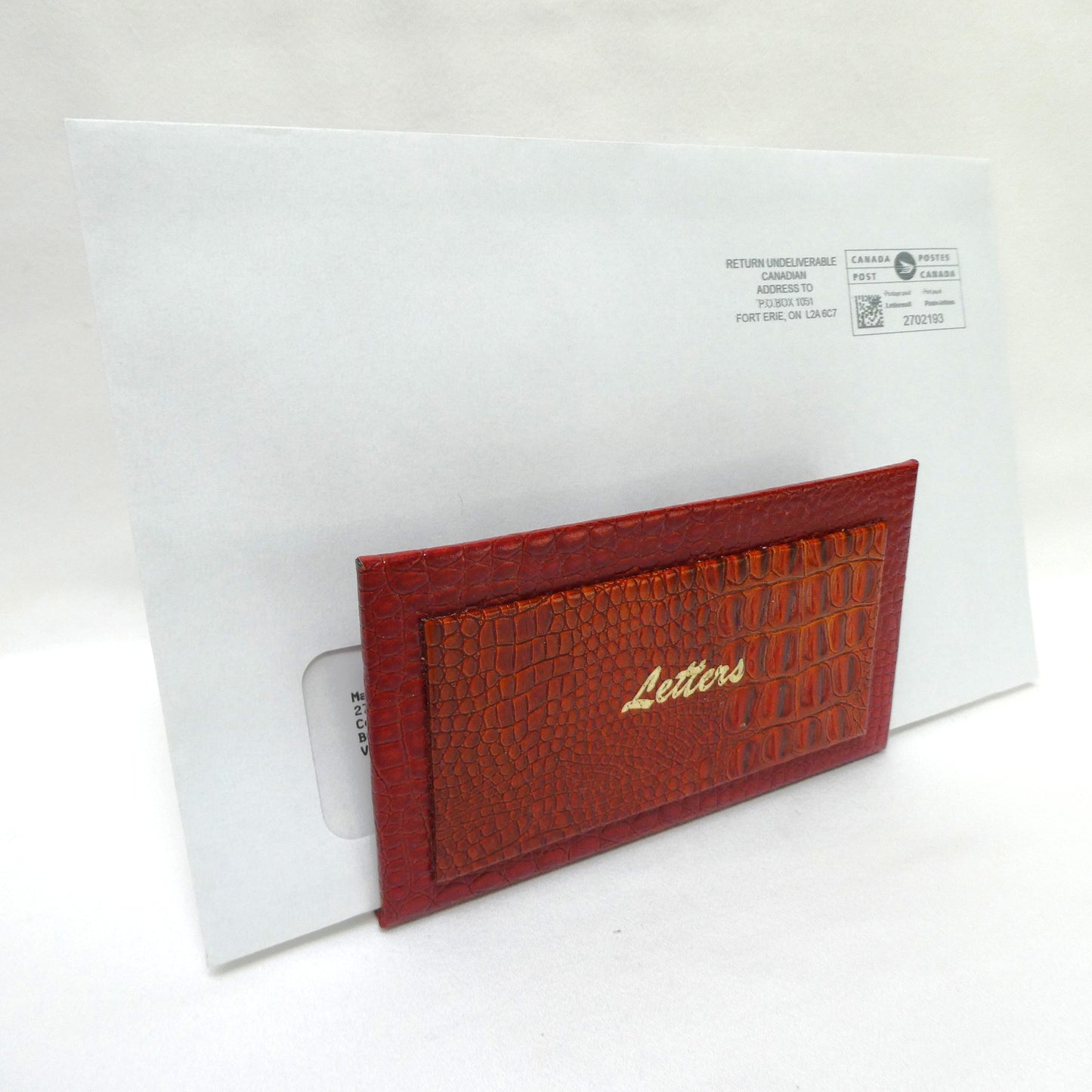 Vintage 1970's Desk Top Letter Holder, Styled in Maroon Textured Crocodile or Alligater Skin