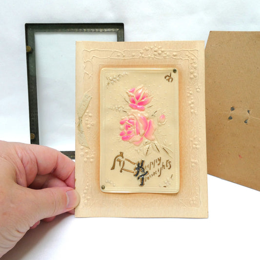 Antique 1900's Celluloid and Linen Greeting Card by Raphael Tuck and Sons: 'Pink Rose Happy Thoughts' in Original Frame!