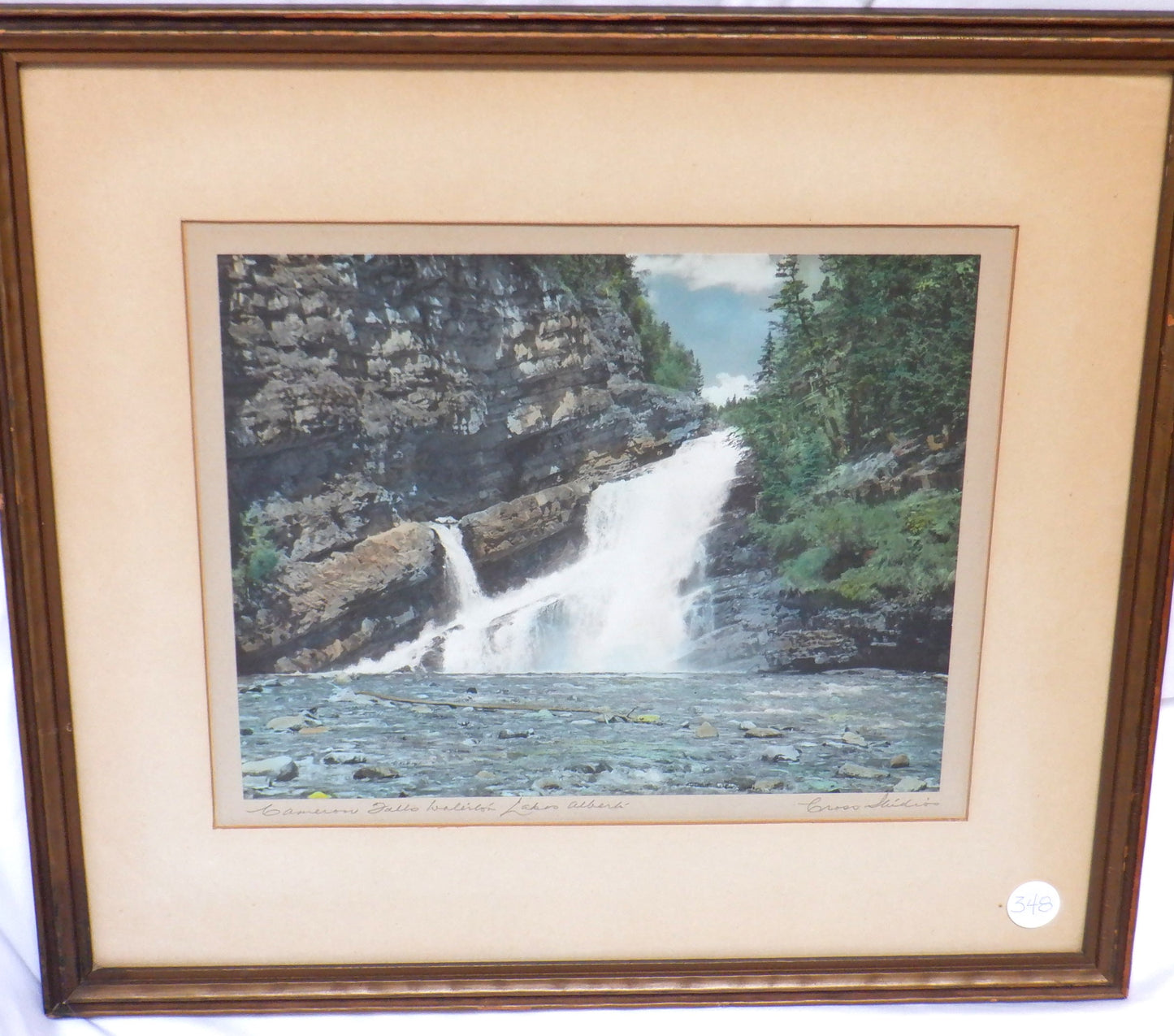 'CAMERON FALLS, ALBERTA', An Antique Hand-Tinted Photograph by Cross Studios, and Framed by J.H. Hill in Westmount, Quebec