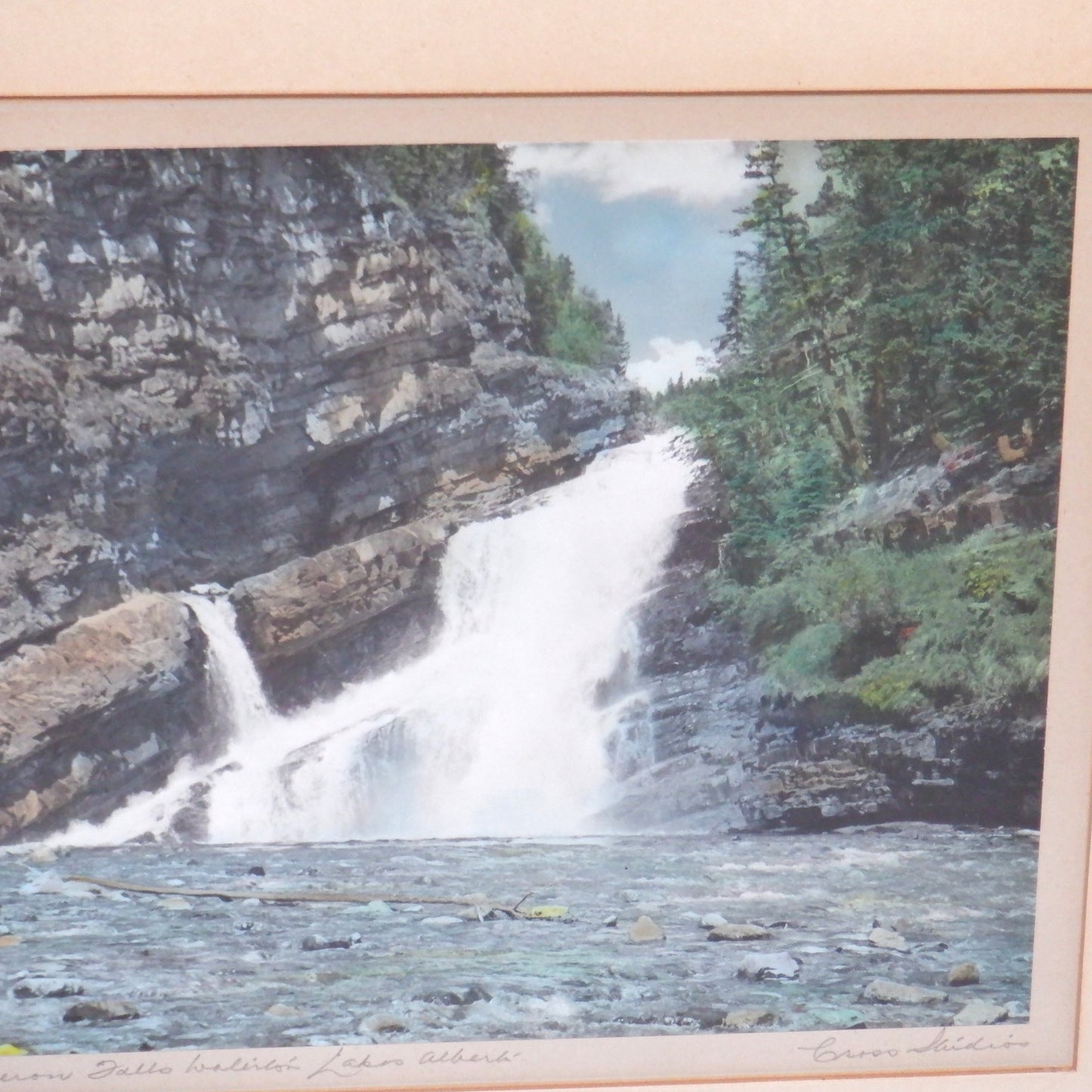 'CAMERON FALLS, ALBERTA', An Antique Hand-Tinted Photograph by Cross Studios, and Framed by J.H. Hill in Westmount, Quebec