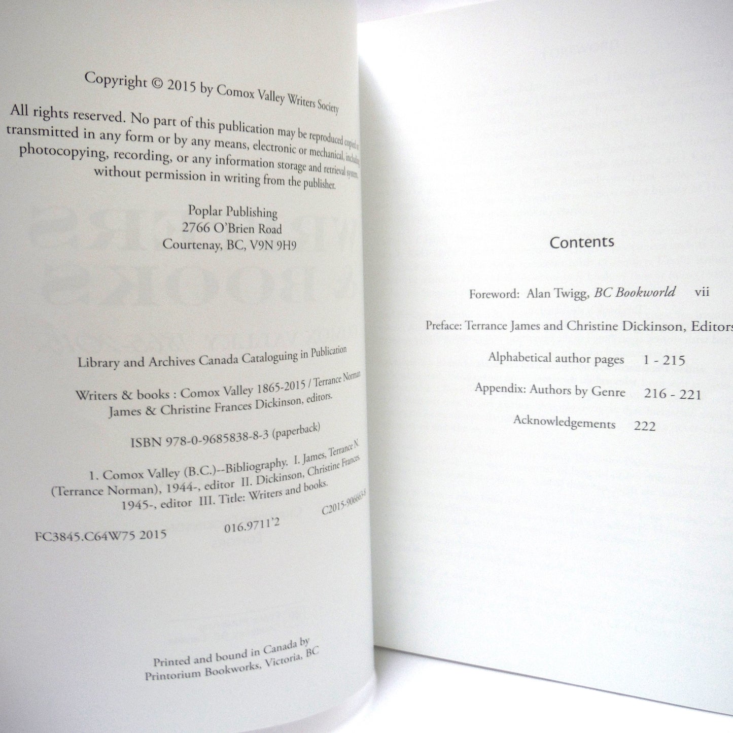 WRITERS & BOOKS: Comox Valley 1865-2015, Edited by Terrance James and Christine Dickinson (2015 1st Ed.)
