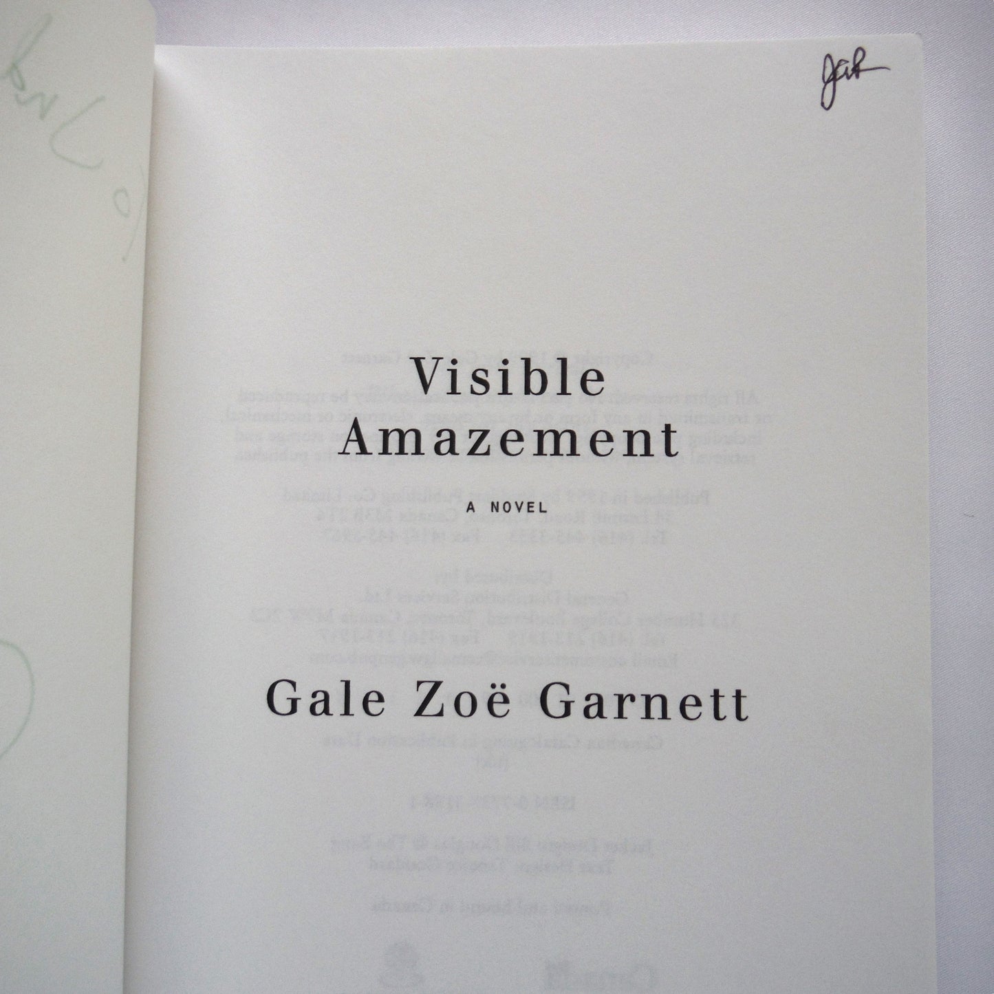 VISIBLE AMAZEMENT, A Novel by Gale Zoë Garnett (1st Ed. SIGNED)