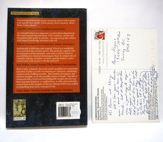 INSINUENDO, Murder in the Museum, A Mystery Novel by Miriam Clavir, with a BONUS Signed Postcard (2012 1st Ed.)