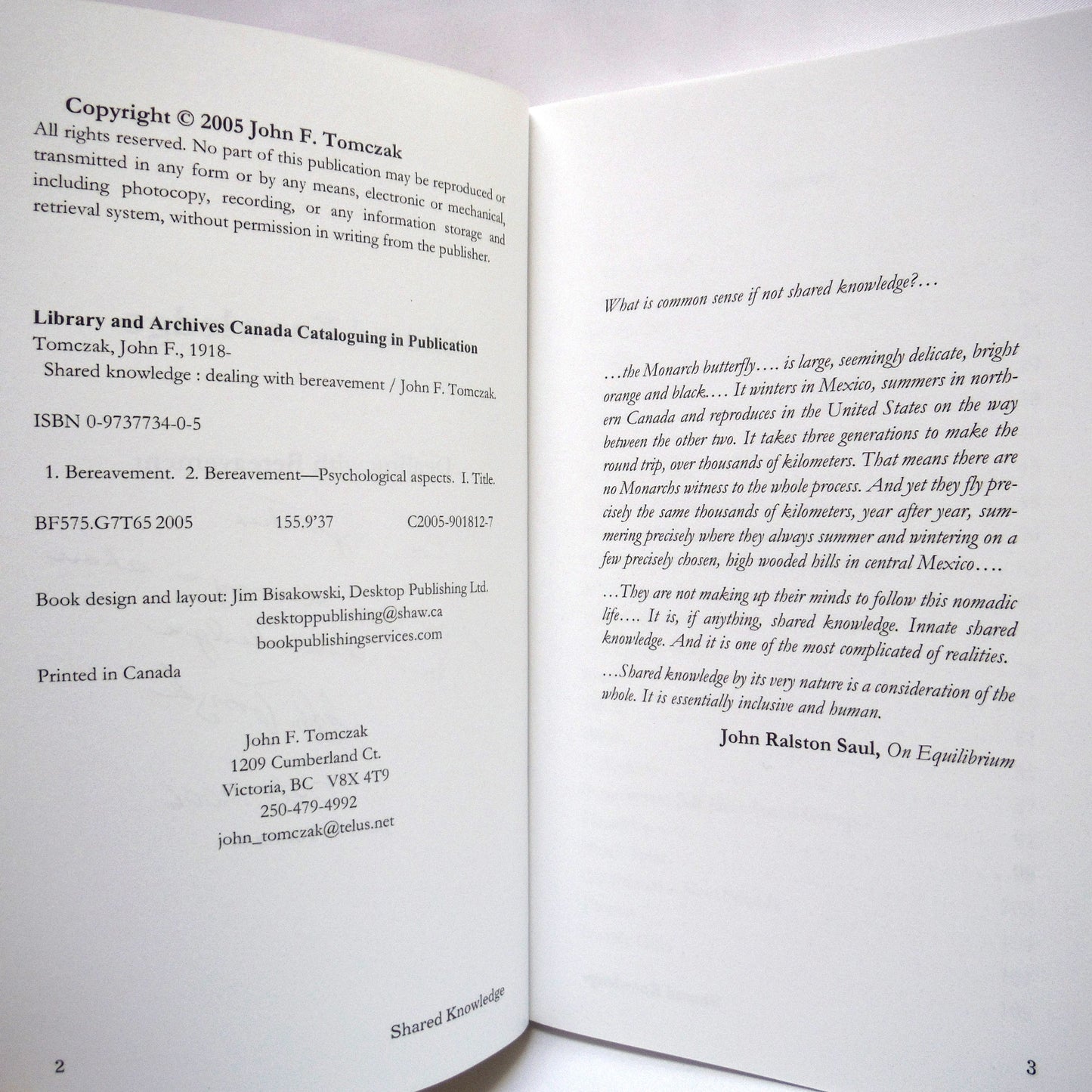 SHARED KNOWLEDGE, Dealing With Bereavement, by John F. Tomczak (1st Ed. SIGNED)