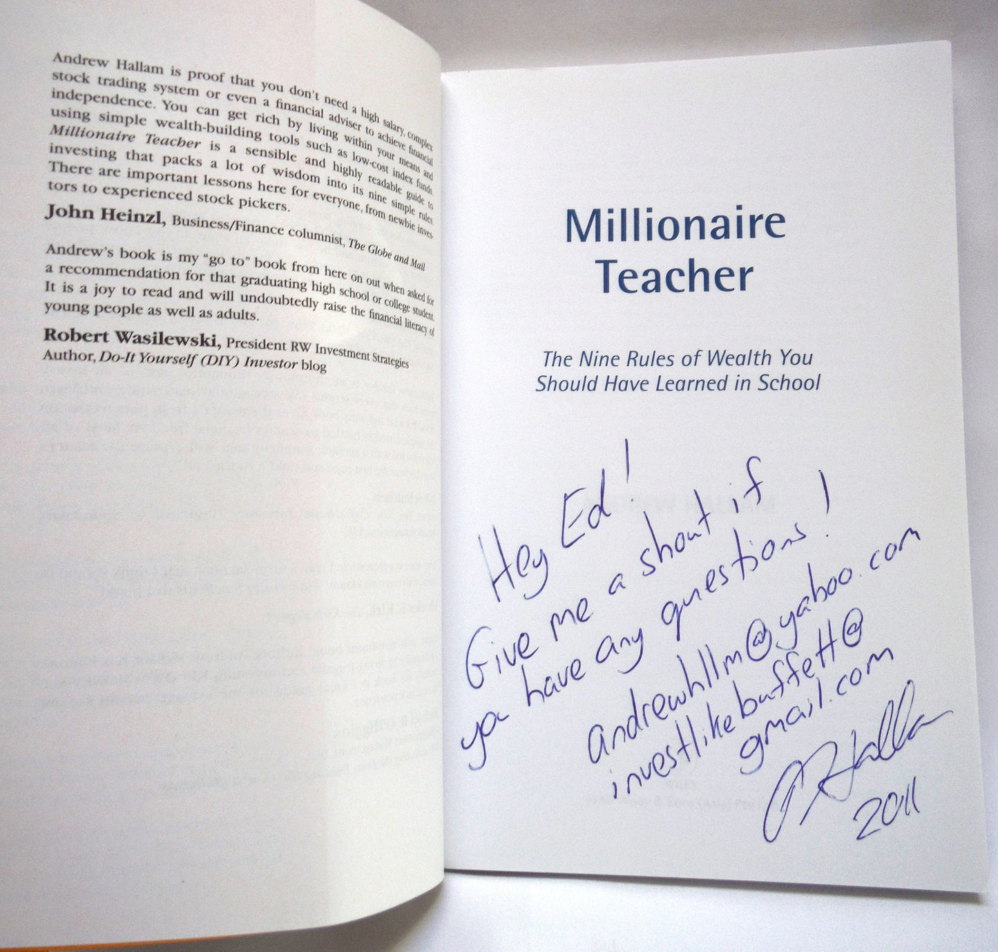 MILLIONAIRE TEACHER, The Nine Rules of Wealth You Should Have Learned in School, by Andrew Hallam (1st Ed. SIGNED)