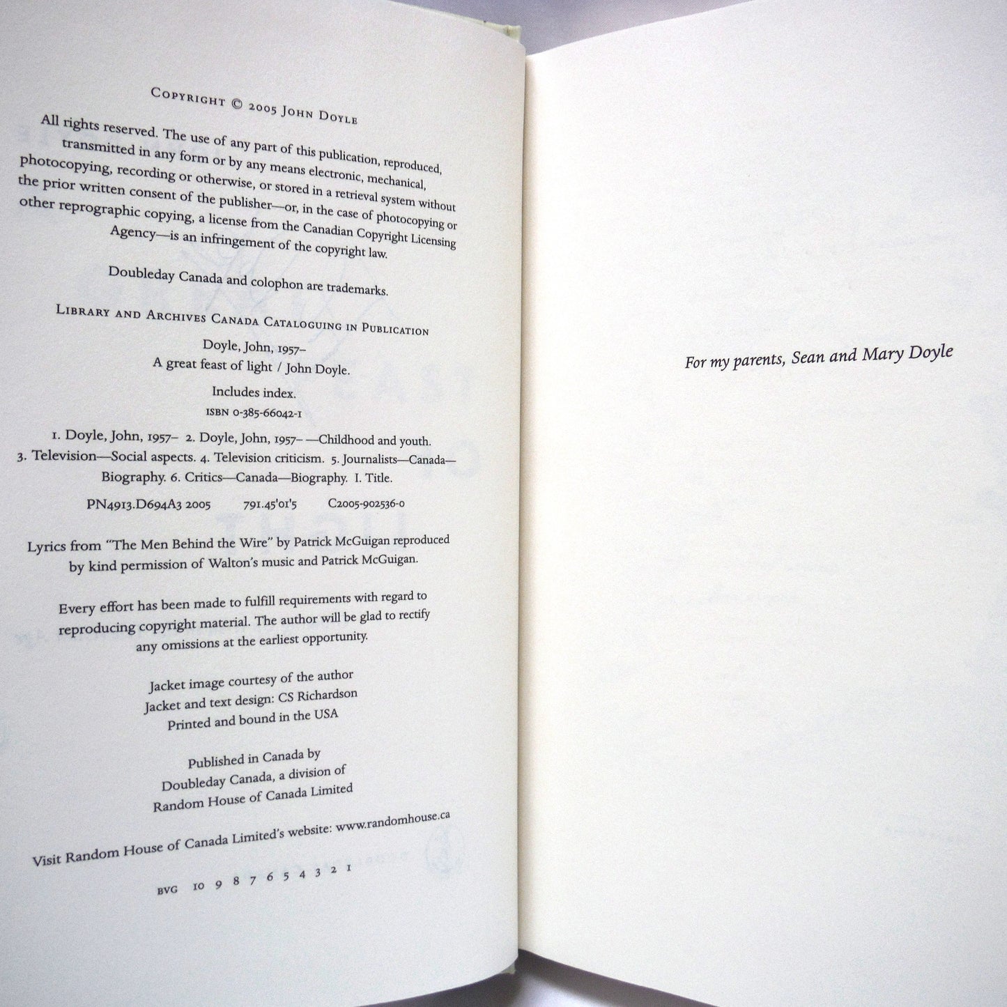 A GREAT FEAST OF LIGHT, Growing Up Irish in the Television Age, by John Doyle (1st Ed. SIGNED)