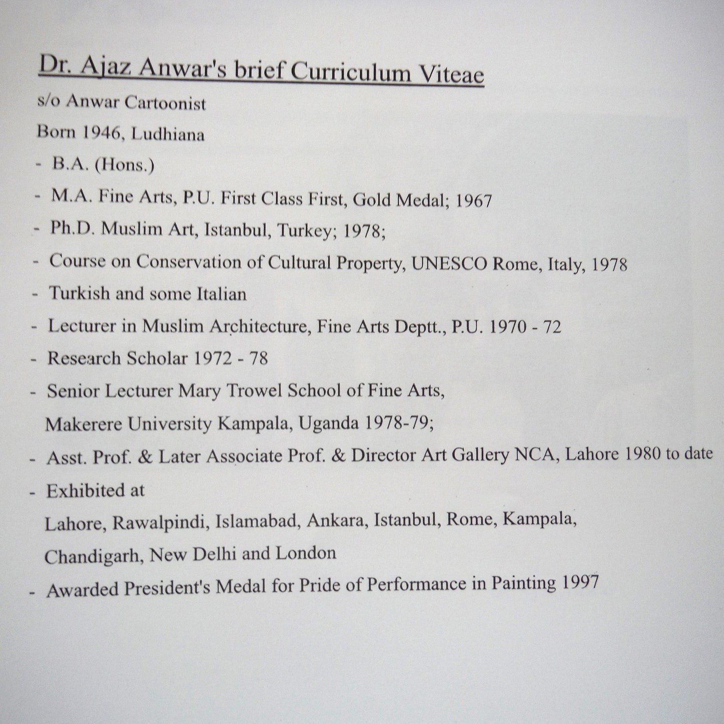 REMINISCENCES OF OLD LAHORE, Forty Years of Painting by Dr. Ajaz Anwar (1st Ed. SIGNED)