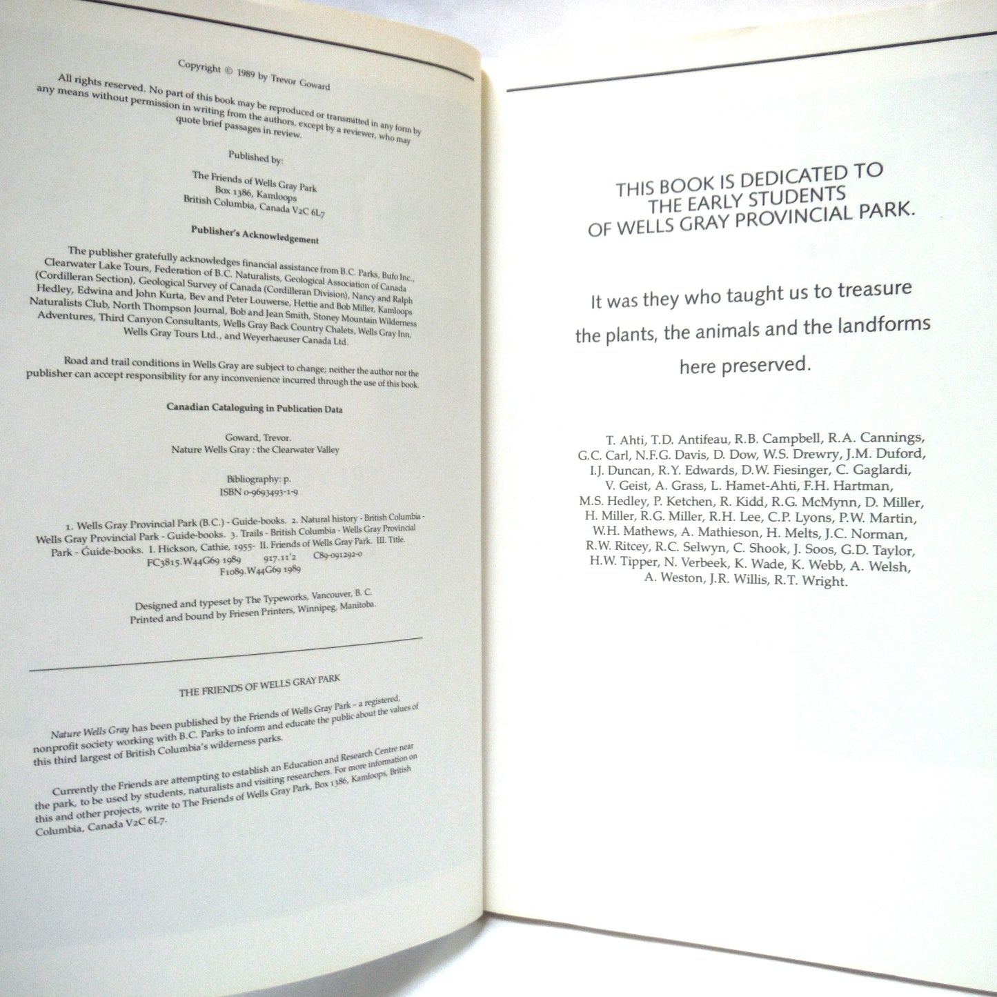 NATURE WELLS GRAY, The Clearwater Valley by Trevor Goward and Cathie Hickson (1989 1st Ed.)