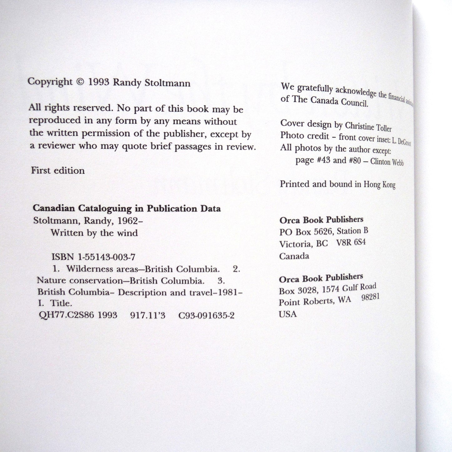 WRITTEN BY THE WIND, British Columbia Wilderness Adventures, by Randy Stoltmann (1993 1st Ed.)