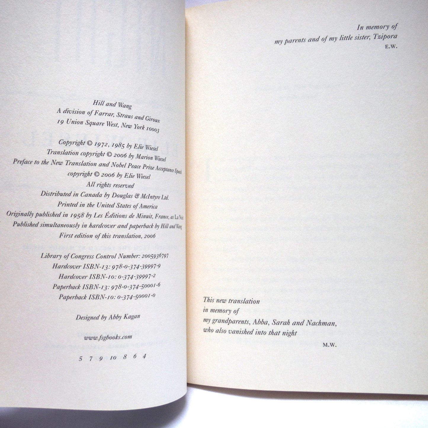 NIGHT, The Novel by Elie Wiesel, in a New Translation by Marion Wiesel, 2006