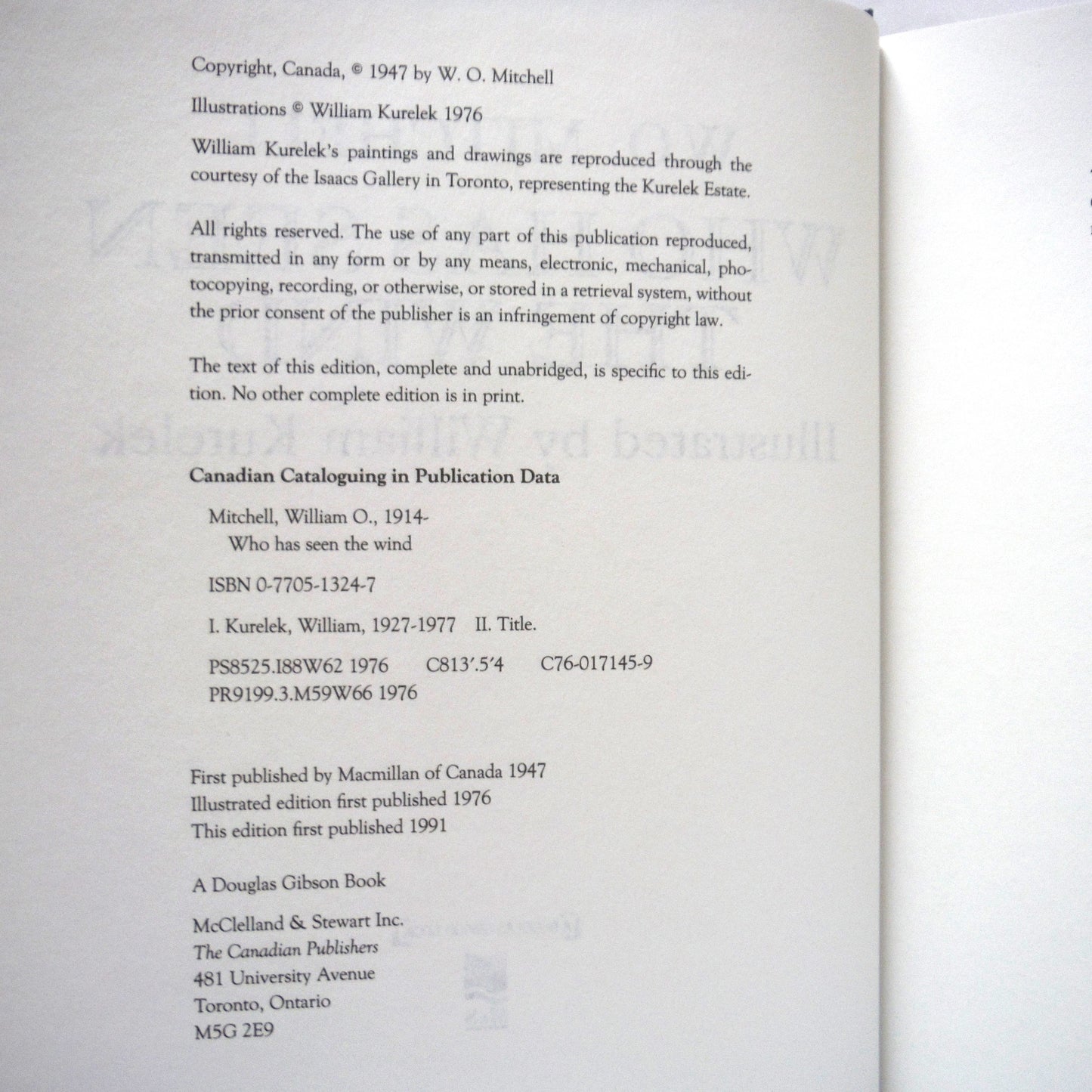WHO HAS SEEN THE WIND, The Hardcover Illustrated Edition by W.O. Mitchell and William Kurelek, 1991