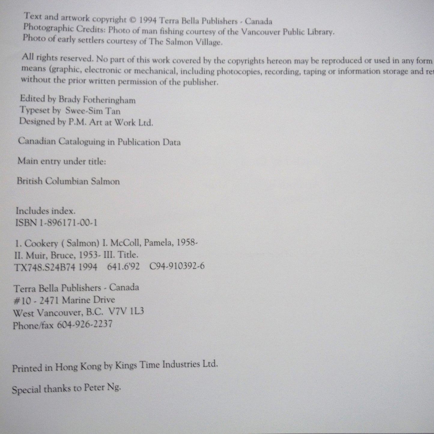 BRITISH COLUMBIA SALMON, A Celebration of Paintings and Cookery by Pamela McColl, Art by Bruce Muir, Introduced and SIGNED by Alan Haig-Brown (1st Ed. SIGNED)