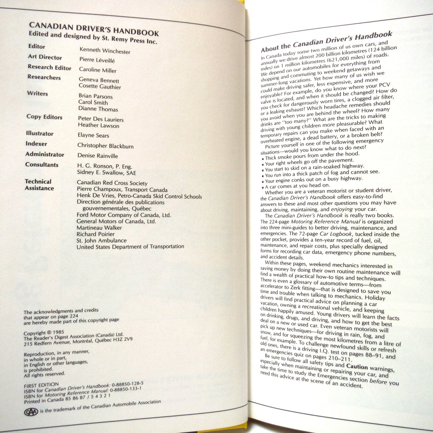 CANADIAN DRIVER'S HANDBOOK, Motoring Reference Manual by The Canadian Automobile Association (1985 1st Ed.)