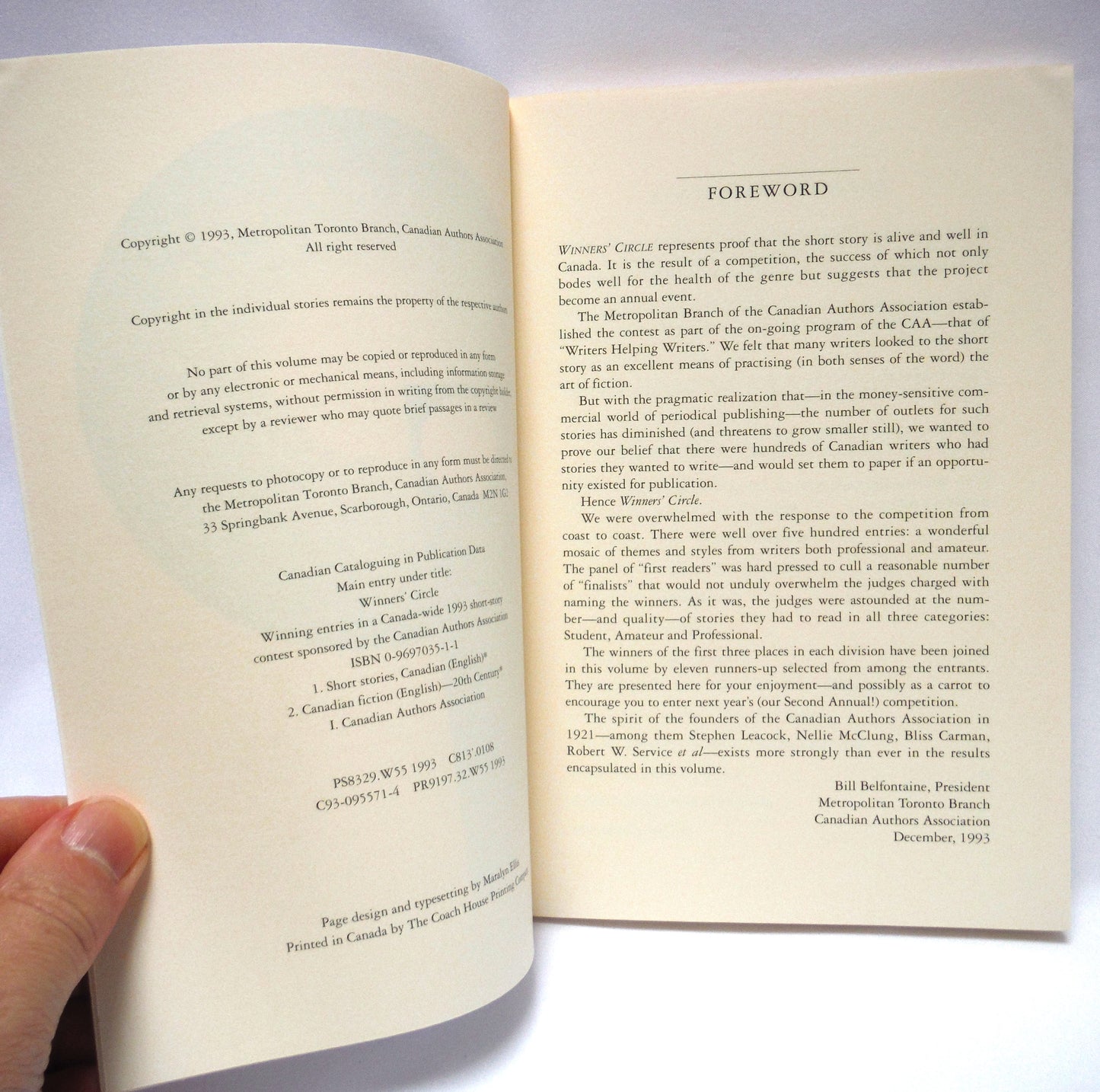 WINNERS CIRCLE, The First Collection of 20 Winning Entries from the Toronto Short Story Competition (1993 1st Ed.)