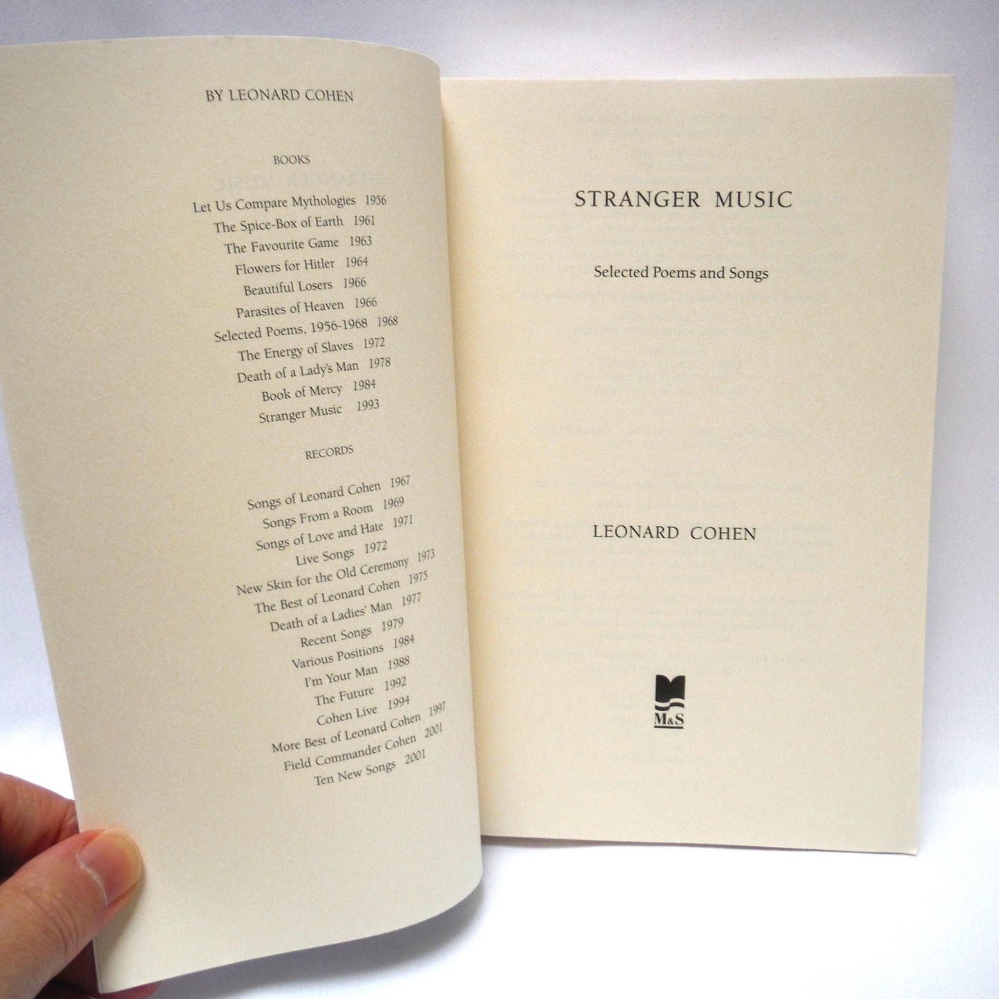 STRANGER MUSIC, Selected Poems and Songs by Leonard Cohen (1994 1st Ed.)
