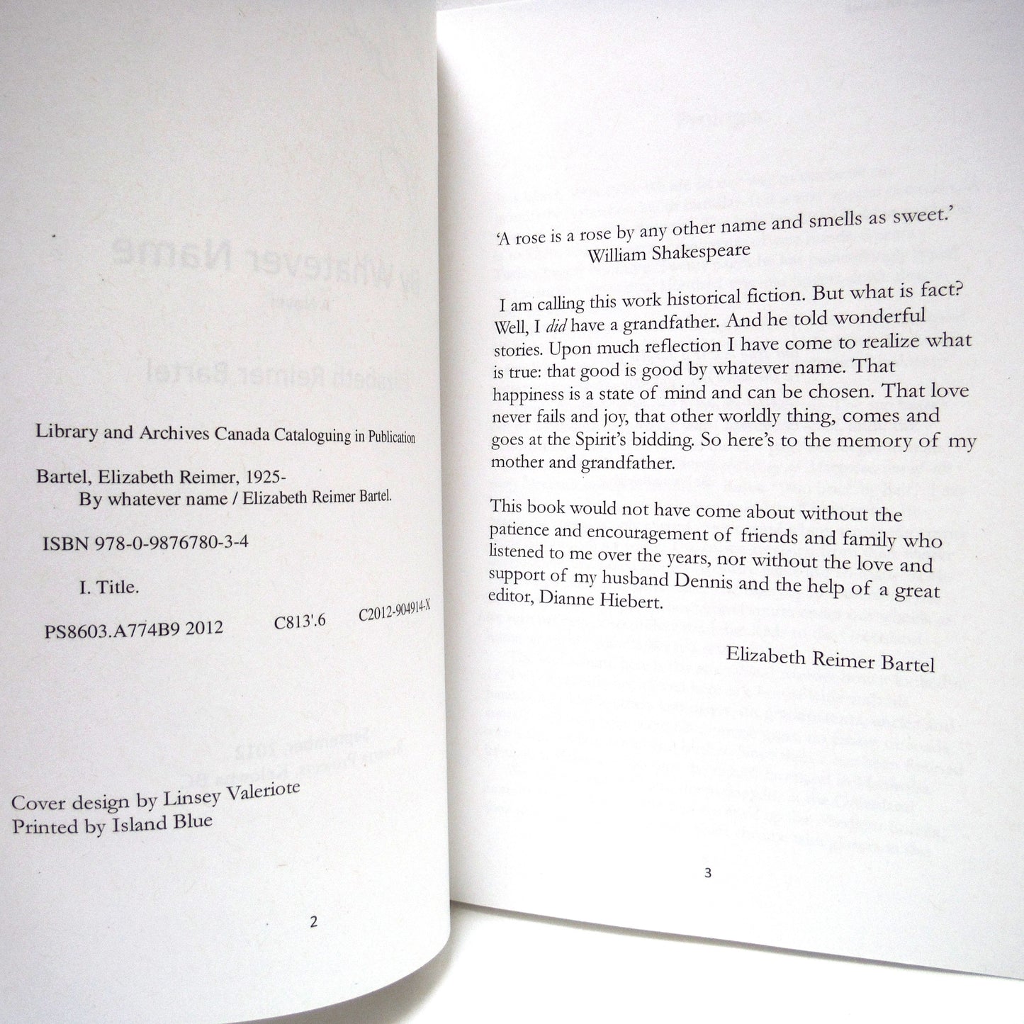 BY WHATEVER NAME, A Novel by Elizabeth Reimer Bartel (1st Ed. SIGNED)