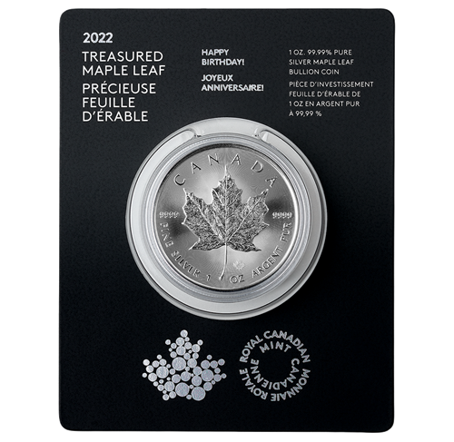 2022 Royal Canadian Mint $5 Pure Silver Coin 1 oz. 99.99% - TREASURED SILVER MAPLE LEAF COIN: Happy Birthday! Joyeux Anniversaire!