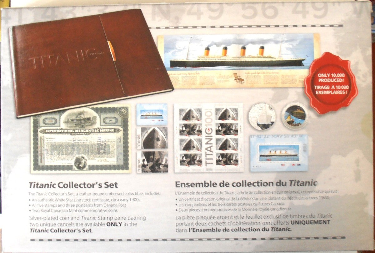 2013 TITANIC COLLECTOR'S SET, by Canada Post and The Royal Canadian Mint: Coloured Coin, Silver Coin, Stamps, and much more in a Leather Binder BRAND NEW CONDITION!