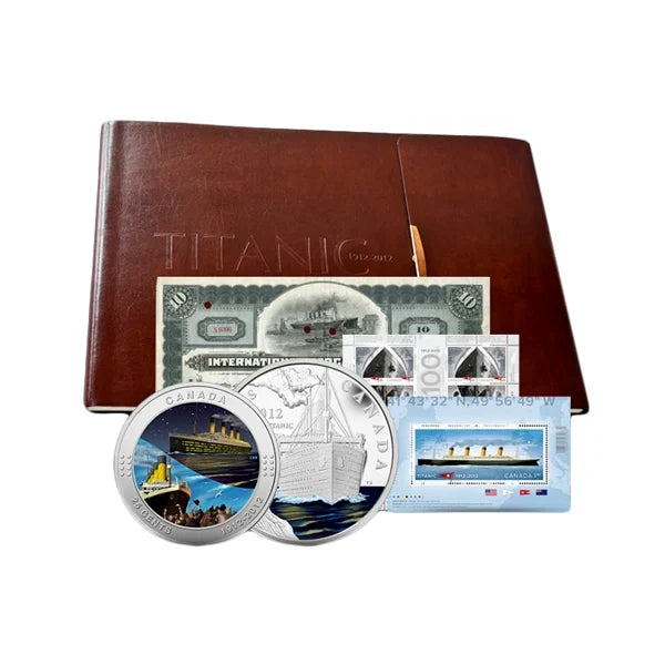 2013 TITANIC COLLECTOR'S SET, by Canada Post and The Royal Canadian Mint: Coloured Coin, Silver Coin, Stamps, and much more in a Leather Binder BRAND NEW CONDITION!
