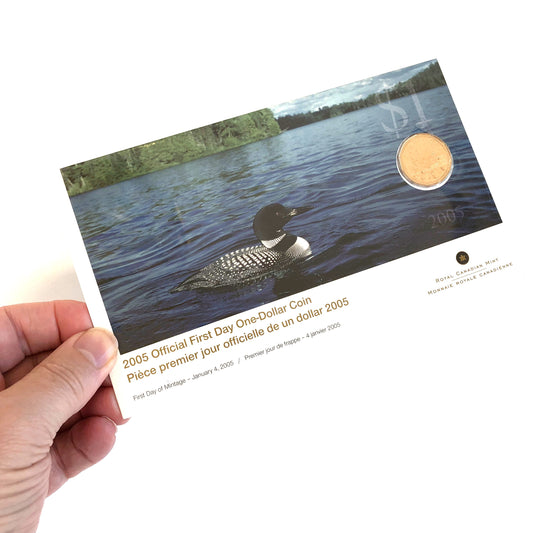 2005 Canadian Official First Day One-Dollar Coin: The $1 Loonie's 1st Day Issue in Original Presentation Folder (Mintage of only 5000)