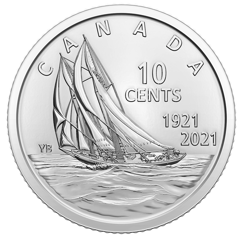 2021 CANADIAN .10-Cent DIMES, BLUENOSE COMMEMORATIVE DOUBLE DATED (1921-2021) Brand New Uncirculated Full Roll