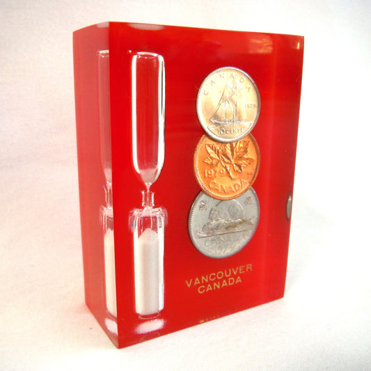 1979 Canadian Dime, Penny and Nickel with Hour-Glass: Vintage Acrylic Lucite Block Souvenir of VANCOUVER, BRITISH COLUMBIA, CANADA