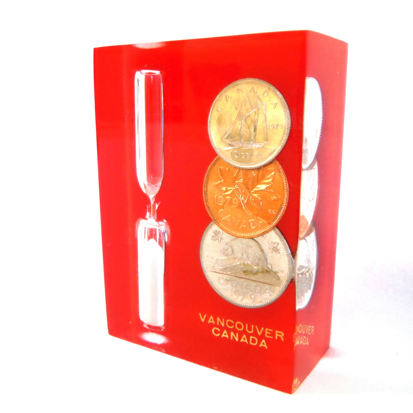 1979 Canadian Dime, Penny and Nickel with Hour-Glass: Vintage Acrylic Lucite Block Souvenir of VANCOUVER, BRITISH COLUMBIA, CANADA