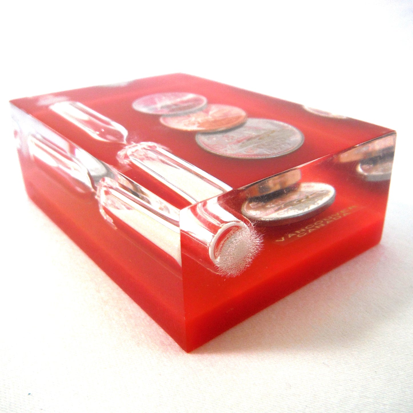 1979 Canadian Dime, Penny and Nickel with Hour-Glass: Vintage Acrylic Lucite Block Souvenir of VANCOUVER, BRITISH COLUMBIA, CANADA
