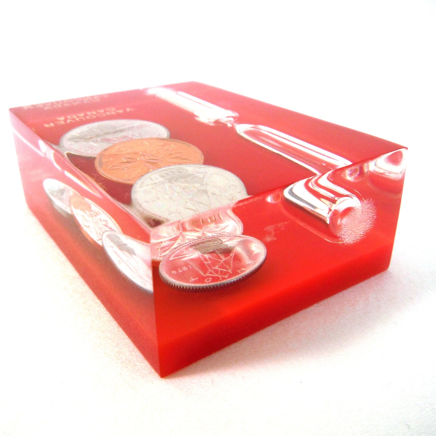 1979 Canadian Dime, Penny and Nickel with Hour-Glass: Vintage Acrylic Lucite Block Souvenir of VANCOUVER, BRITISH COLUMBIA, CANADA