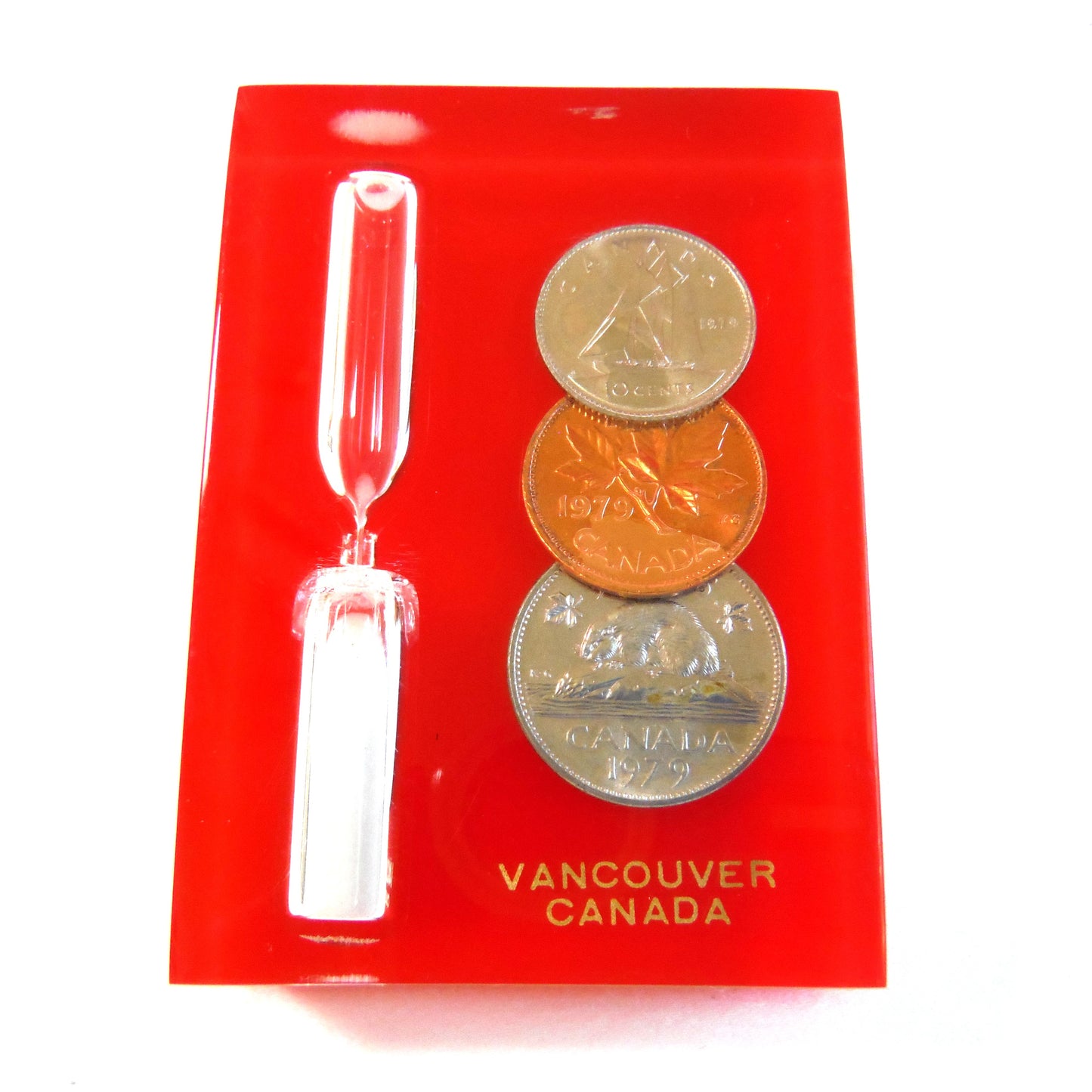 1979 Canadian Dime, Penny and Nickel with Hour-Glass: Vintage Acrylic Lucite Block Souvenir of VANCOUVER, BRITISH COLUMBIA, CANADA