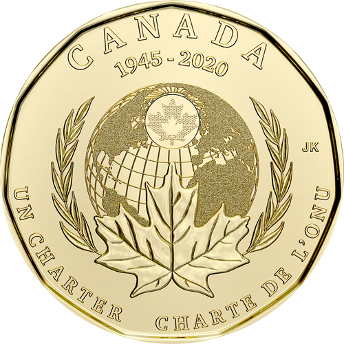 2020 Canadian $1 Loonie 2-COIN-PACKAGE! (Coloured and Non Coloured Coin), Celebrating the 75th Anniversary of the Signing of the UN Charter