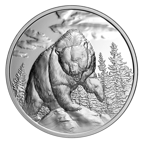 2023 Canadian $20 Pure Fine 1 oz Silver 99.99% Ultra High Relief Coin: GREAT HUNTERS GRIZZLY BEAR